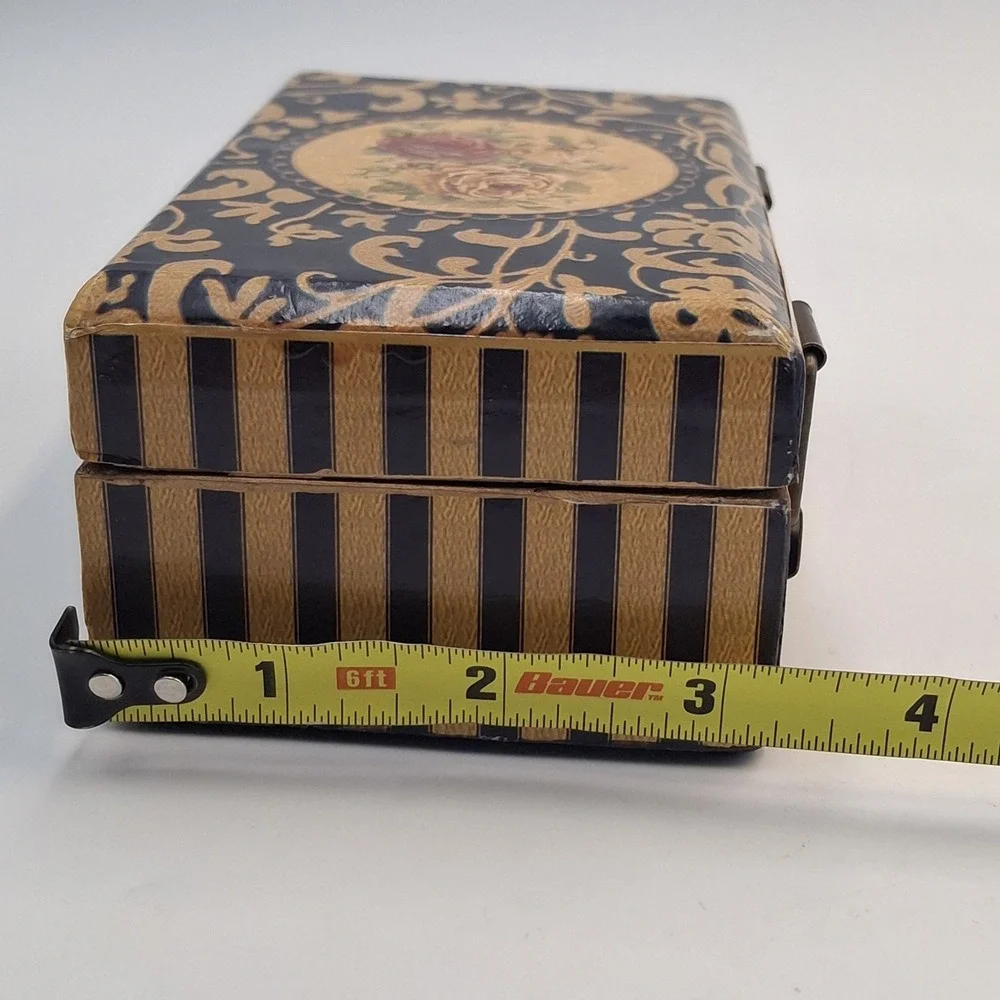 Vintage Small Wooden Jewelry Box Floral Rose Print Gold Foil Decoupage Latch